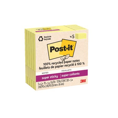 Feuillets recyclés Post-it® Super Sticky - Jaune canari