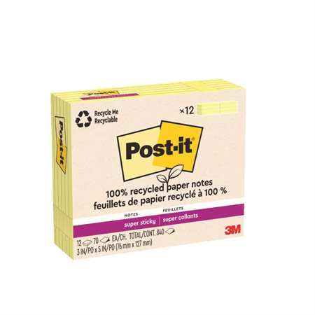 Feuillets recyclés Post-it® Super Sticky - Jaune canari